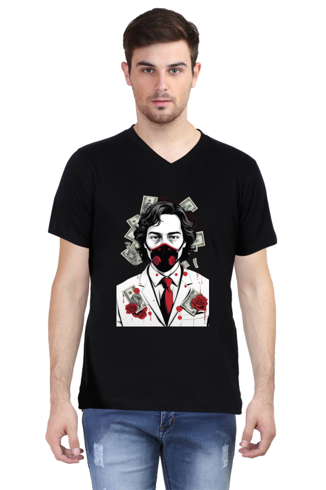 Men's V-Neck Half Sleeve T-Shirt with Money Heist Characters Design