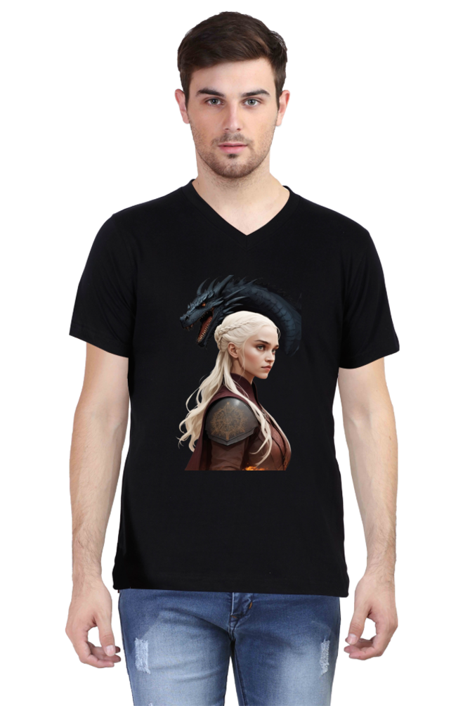 Men's V-Neck Half Sleeve T-Shirt with Game of Thrones Characters Design