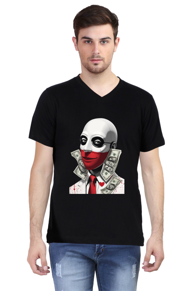 Men's V-Neck Half Sleeve T-Shirt with Money Heist Characters Design