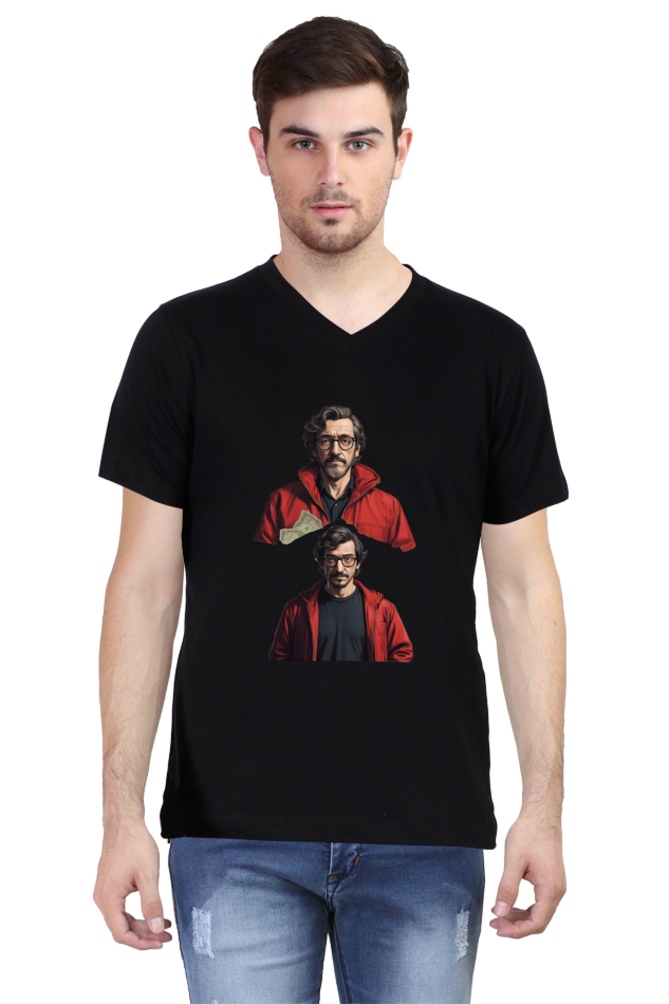 Men's V-Neck Half Sleeve T-Shirt with Money Heist Characters Design