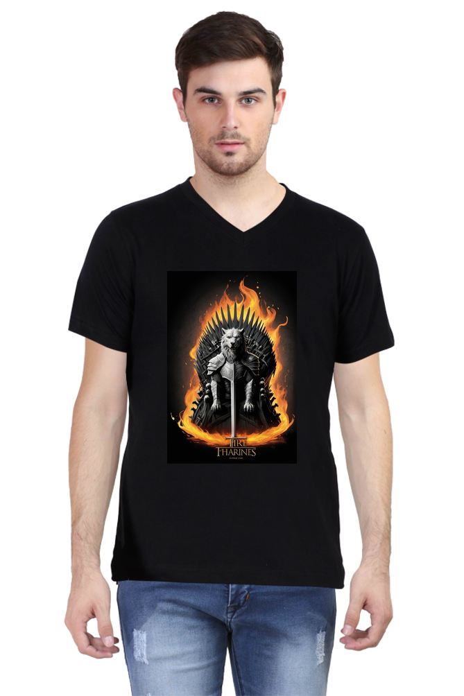 Men's V-Neck Half Sleeve T-Shirt with Game of Thrones Characters Design