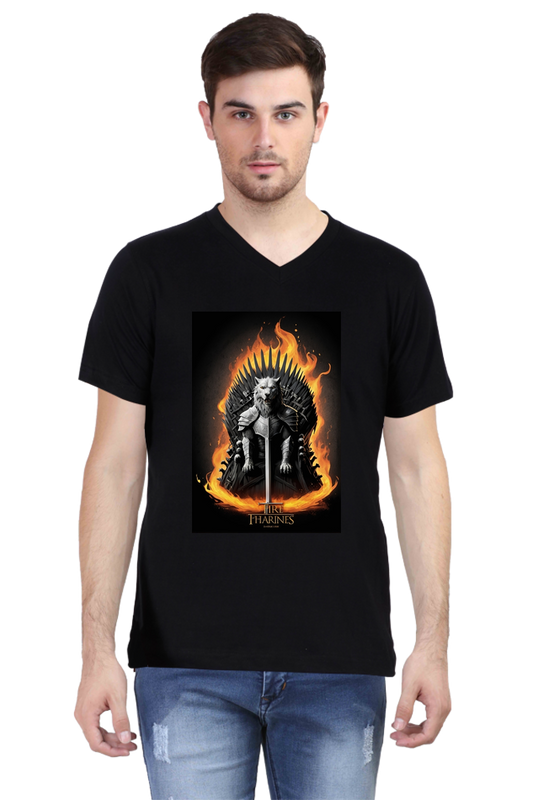 Men's V-Neck Half Sleeve T-Shirt with Game of Thrones Characters Design