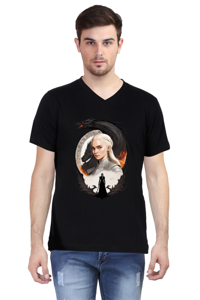 Men's V-Neck Half Sleeve T-Shirt with Game of Thrones Characters Design