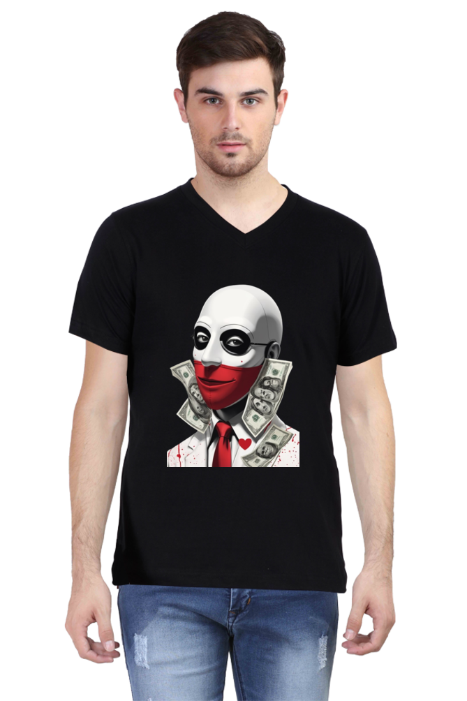 Men's V-Neck Half Sleeve T-Shirt with Money Heist Characters Design