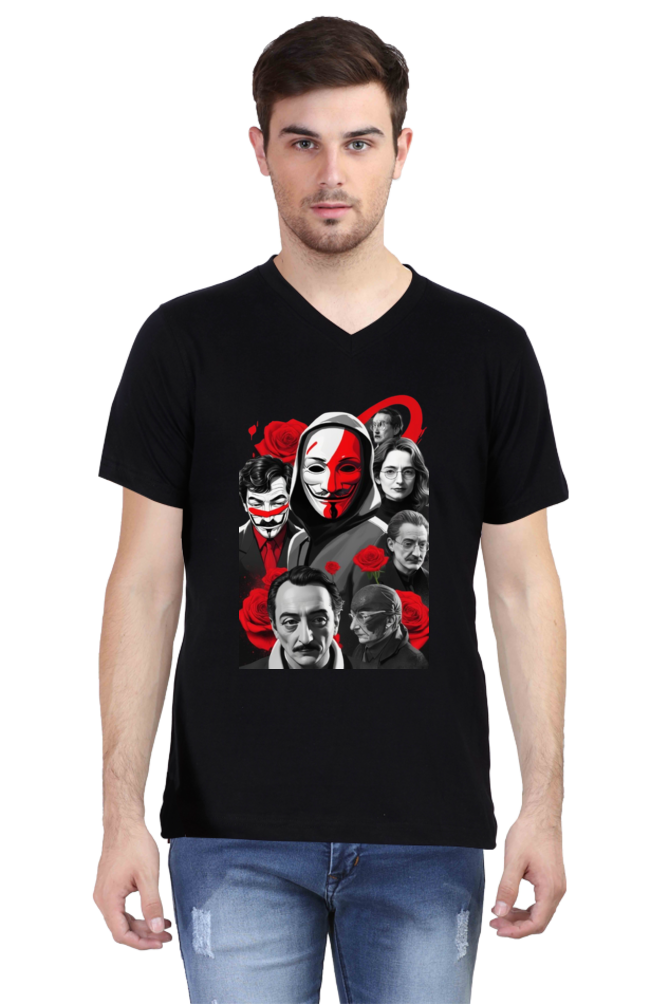 Men's V-Neck Half Sleeve T-Shirt with Money Heist Characters Design