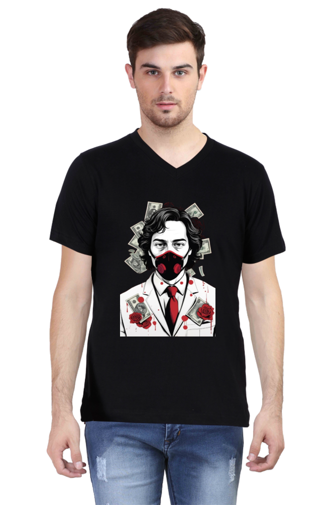 Men's V-Neck Half Sleeve T-Shirt with Money Heist Characters Design