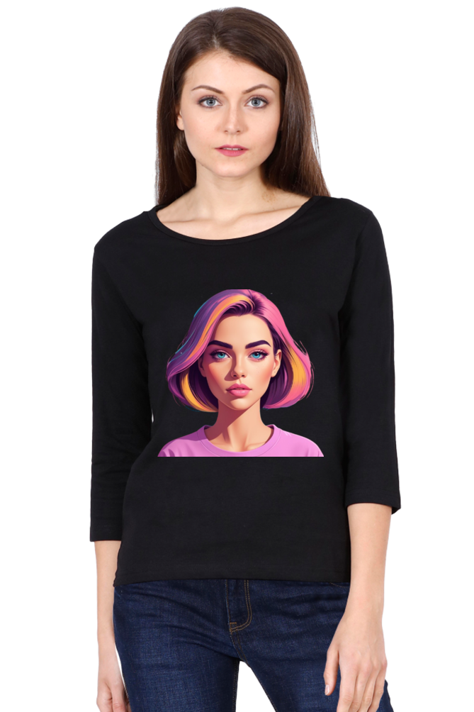 Female Round Neck Full Sleeve T-Shirt with Bold Lady Design