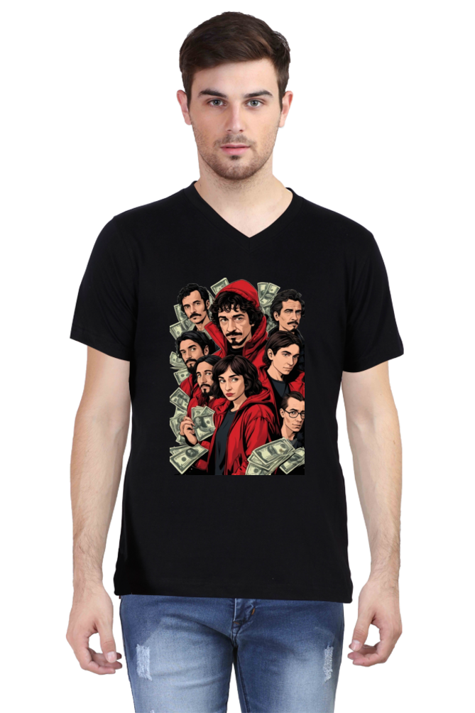 Men's V-Neck Half Sleeve T-Shirt with Money Heist Characters Design