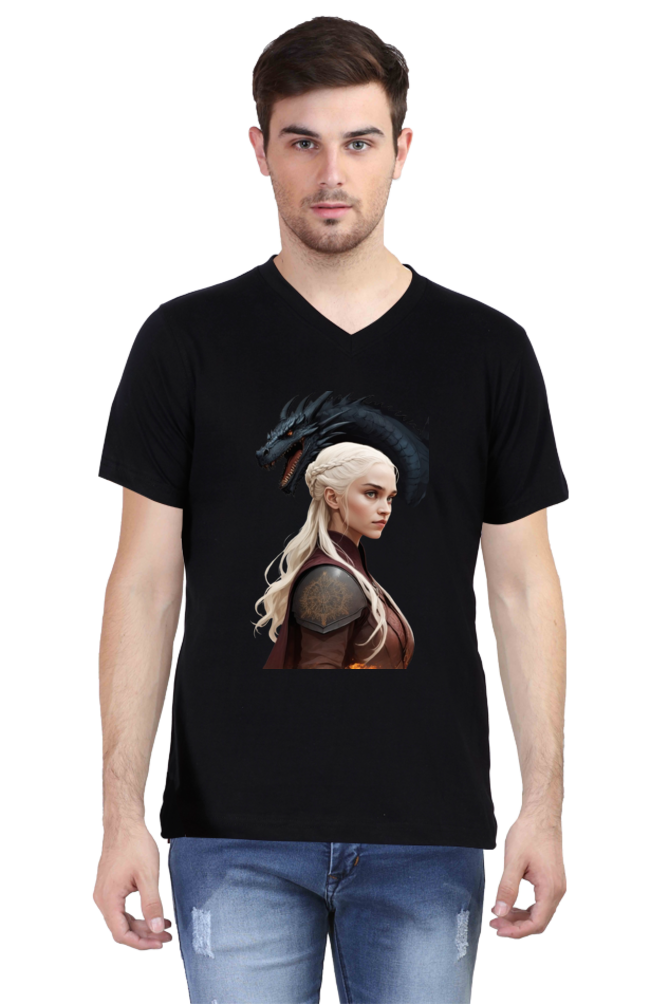 Men's V-Neck Half Sleeve T-Shirt with Game of Thrones Characters Design