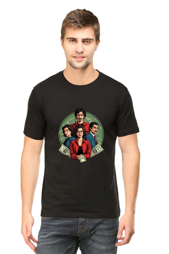 Men's Round Neck Half Sleeve T-Shirt with Money Heist Characters Design