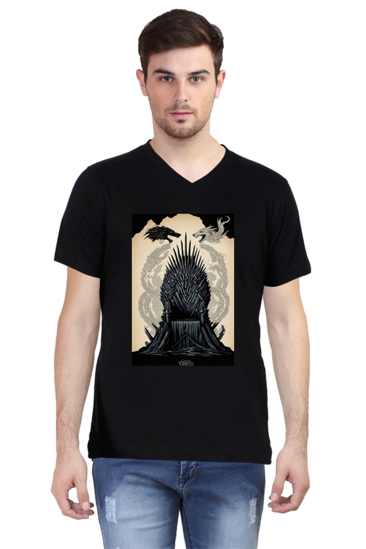 Men's V-Neck Half Sleeve T-Shirt with Game of Thrones Characters Design