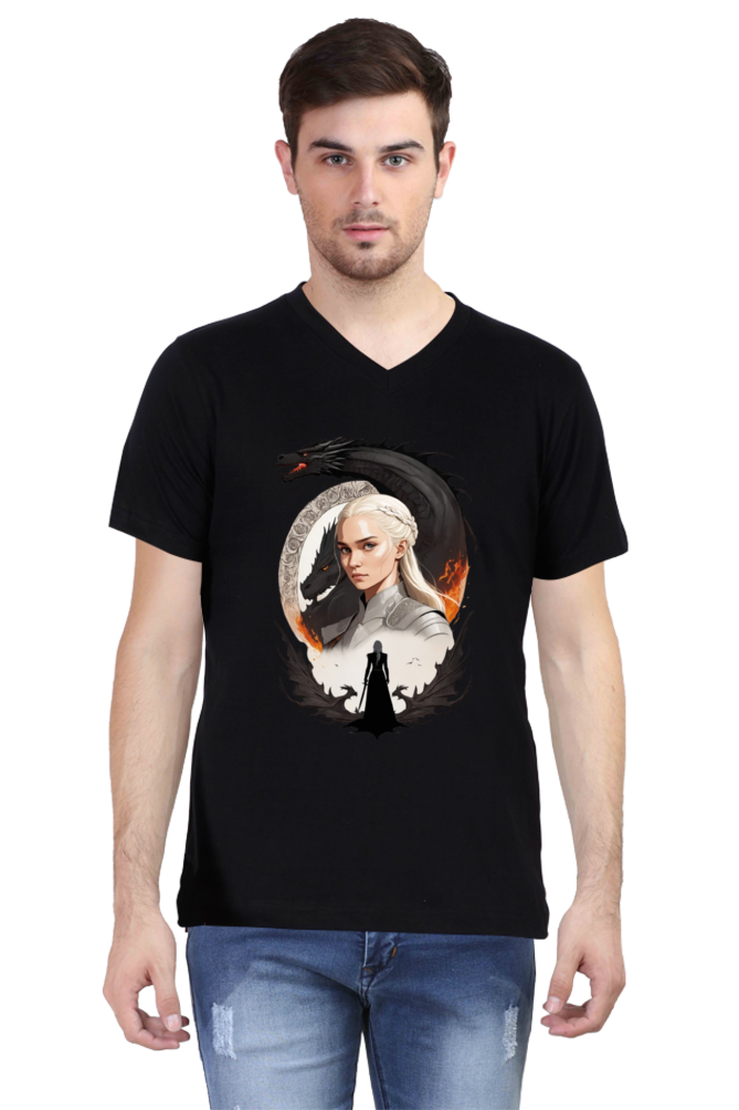 Men's V-Neck Half Sleeve T-Shirt with Game of Thrones Characters Design