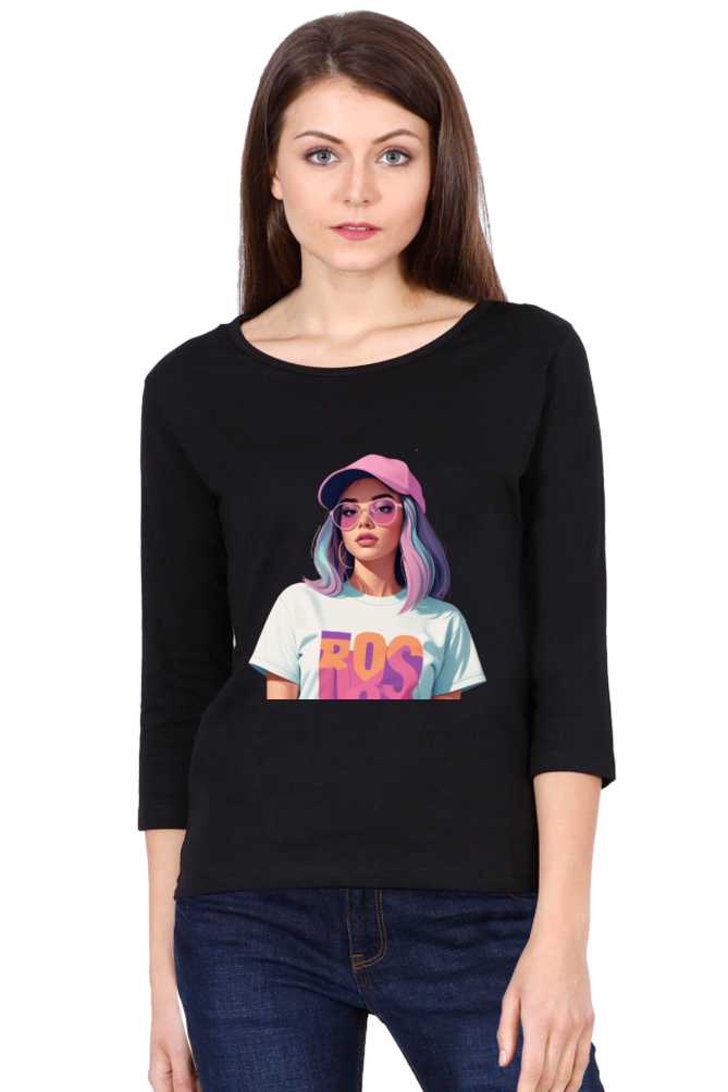 Female Round Neck Full Sleeve T-Shirt with Cool Lady Design