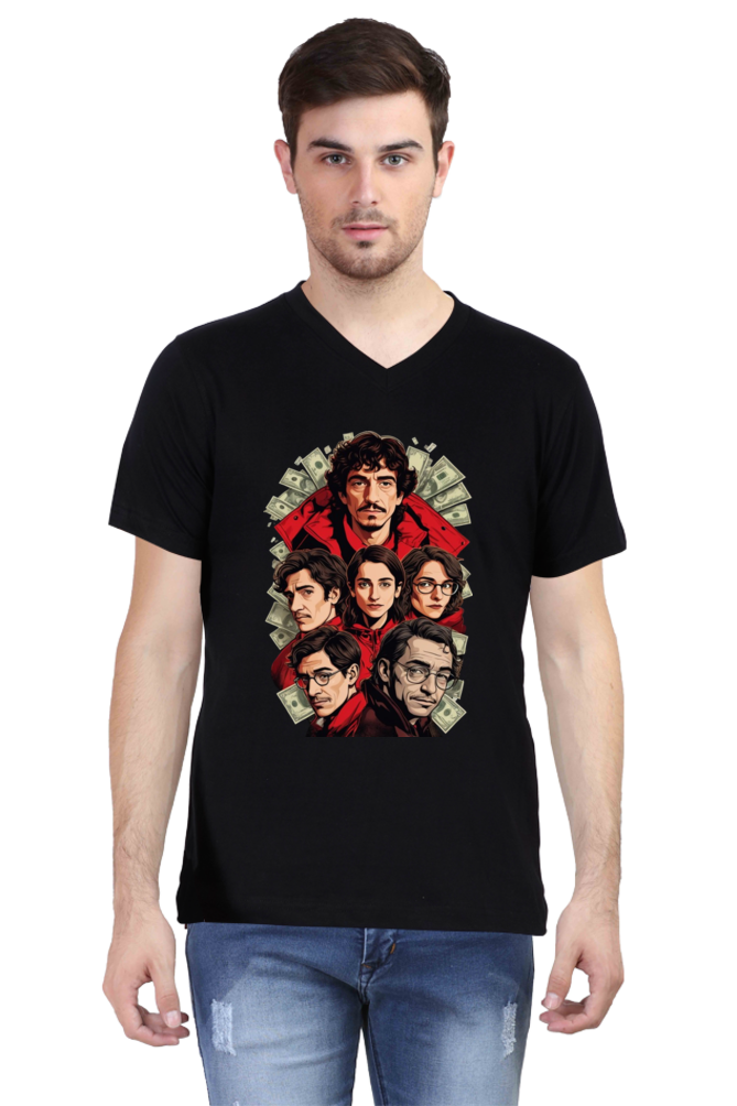 Men's V-Neck Half Sleeve T-Shirt with Money Heist Characters Design