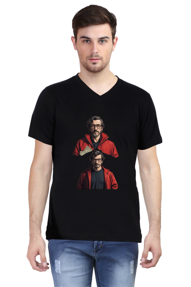 Men's V-Neck Half Sleeve T-Shirt with Money Heist Characters Design