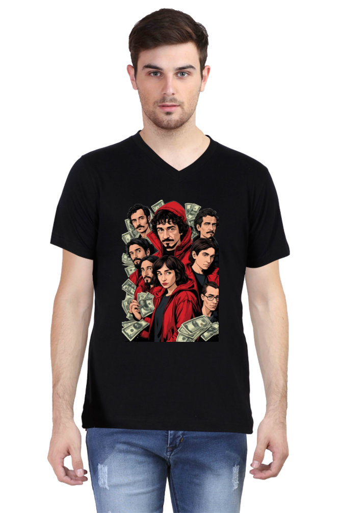 Men's V-Neck Half Sleeve T-Shirt with Money Heist Characters Design