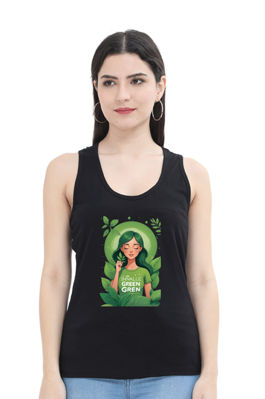 Female Black Tank Top with Inhale Green Message and Girl Design