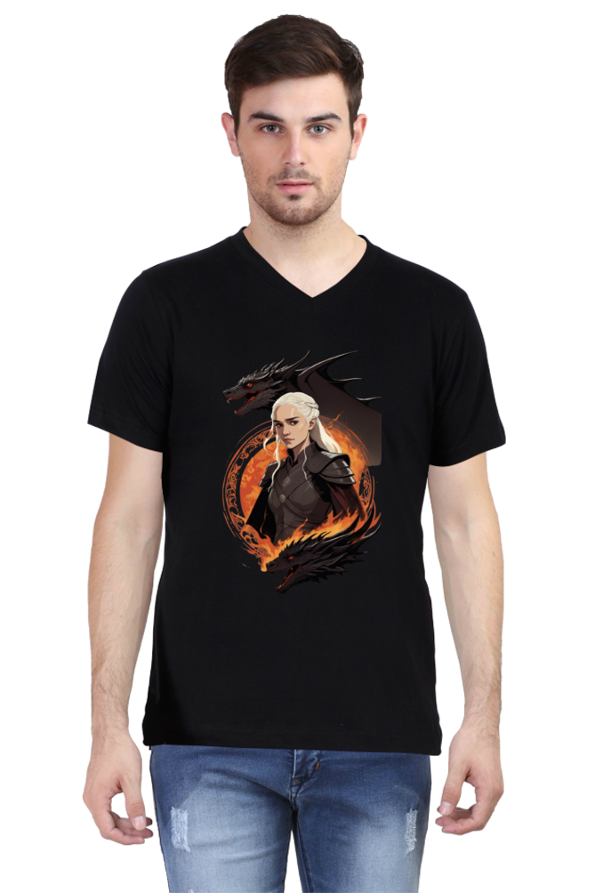 Men's V-Neck Half Sleeve T-Shirt with Game of Thrones Characters Design