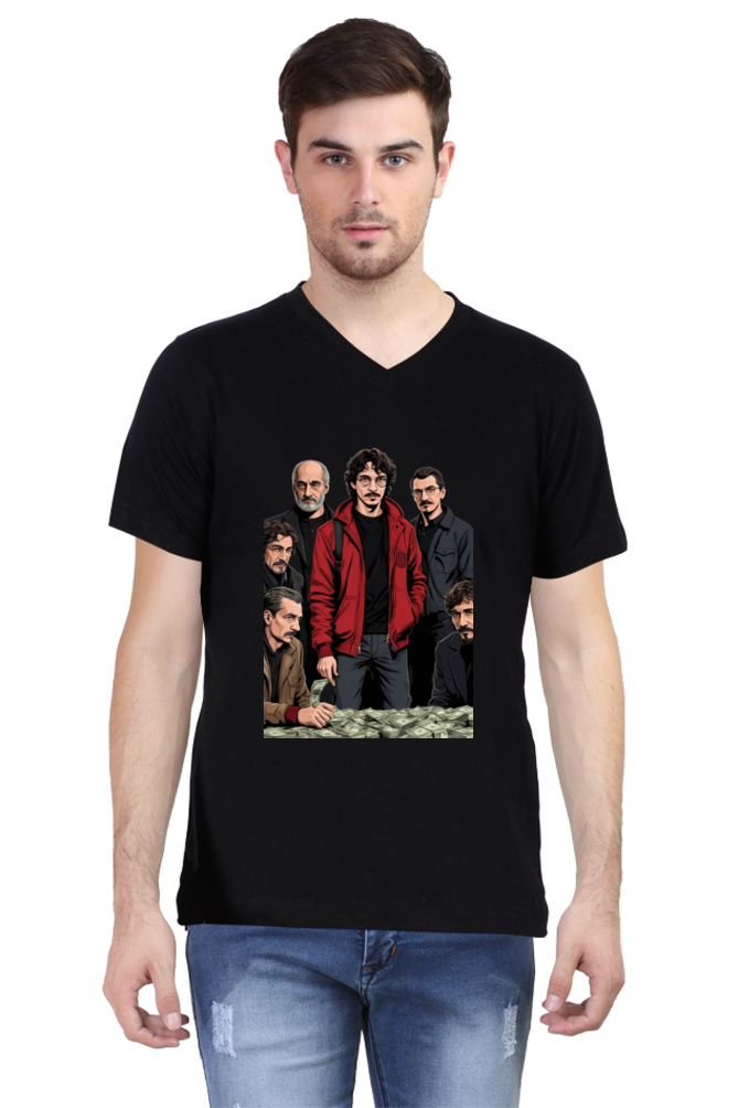 Men's V-Neck Half Sleeve T-Shirt with Money Heist Characters Design