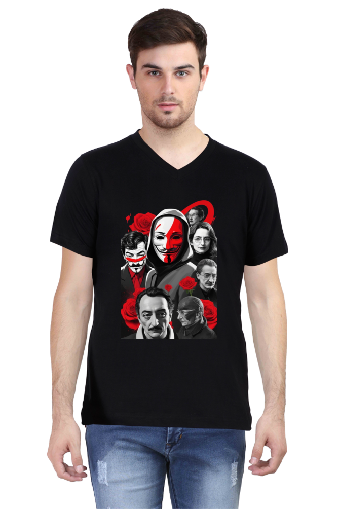 Men's V-Neck Half Sleeve T-Shirt with Money Heist Characters Design