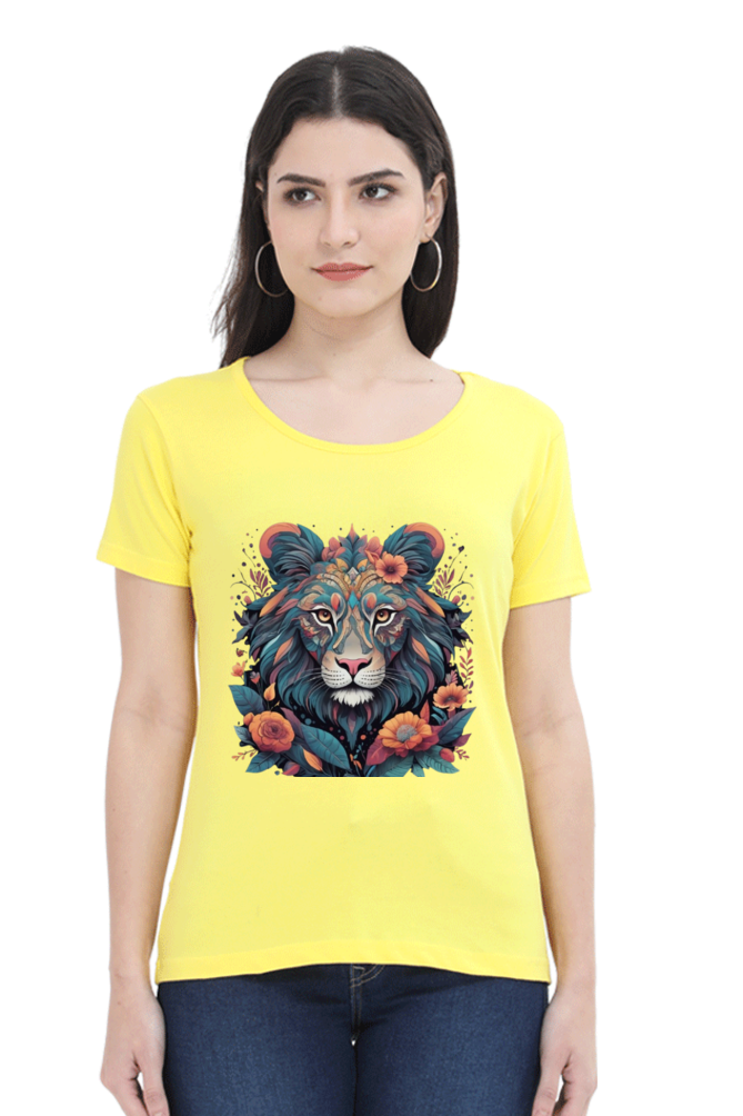 Female Round Neck Half Sleeve Classic T-Shirt with Lioness Tribal Art