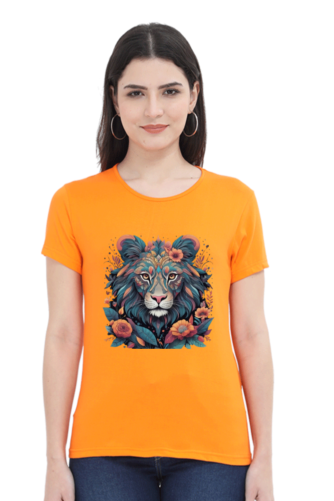 Female Round Neck Half Sleeve Classic T-Shirt with Lioness Tribal Art