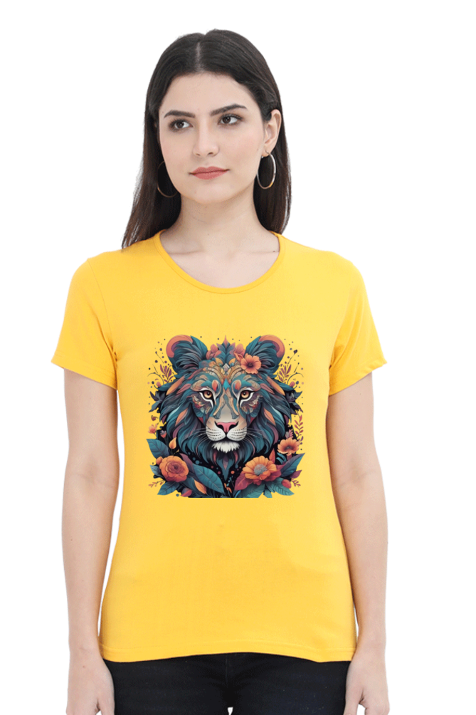 Female Round Neck Half Sleeve Classic T-Shirt with Lioness Tribal Art