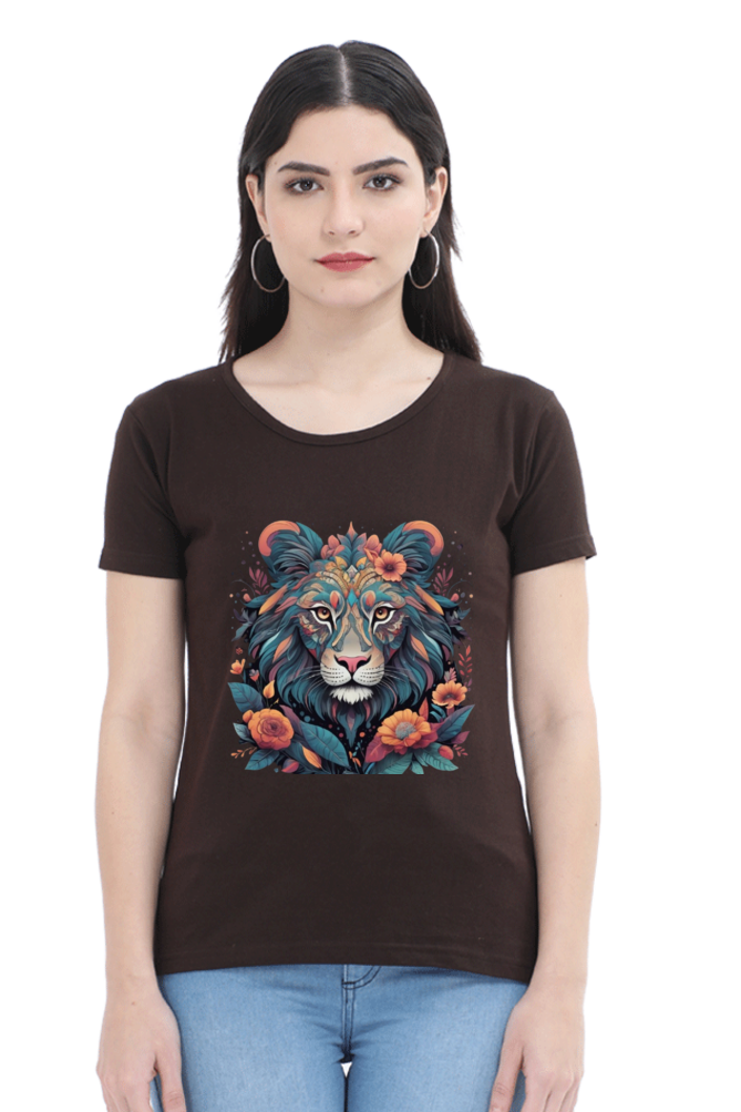 Female Round Neck Half Sleeve Classic T-Shirt with Lioness Tribal Art