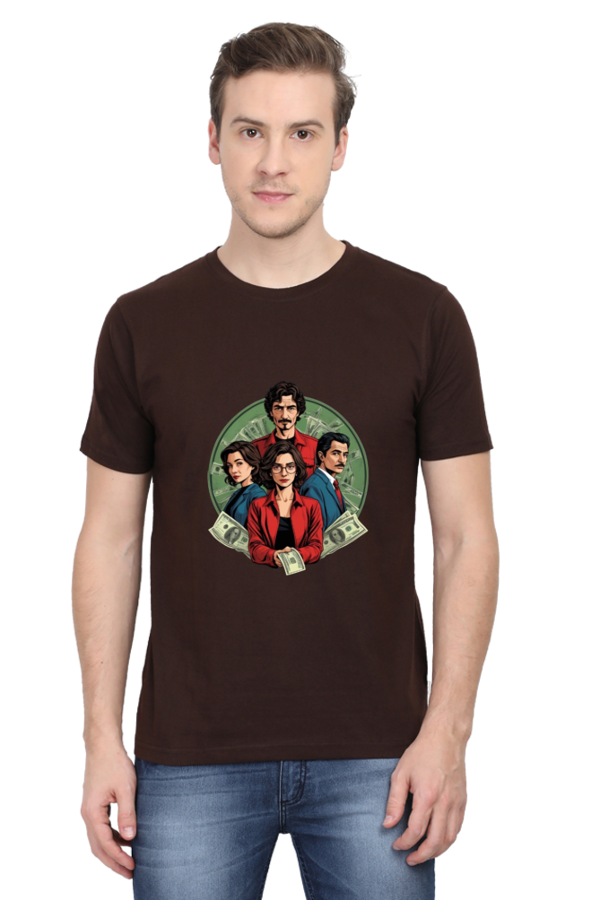 Men's Round Neck Half Sleeve T-Shirt with Money Heist Characters Design