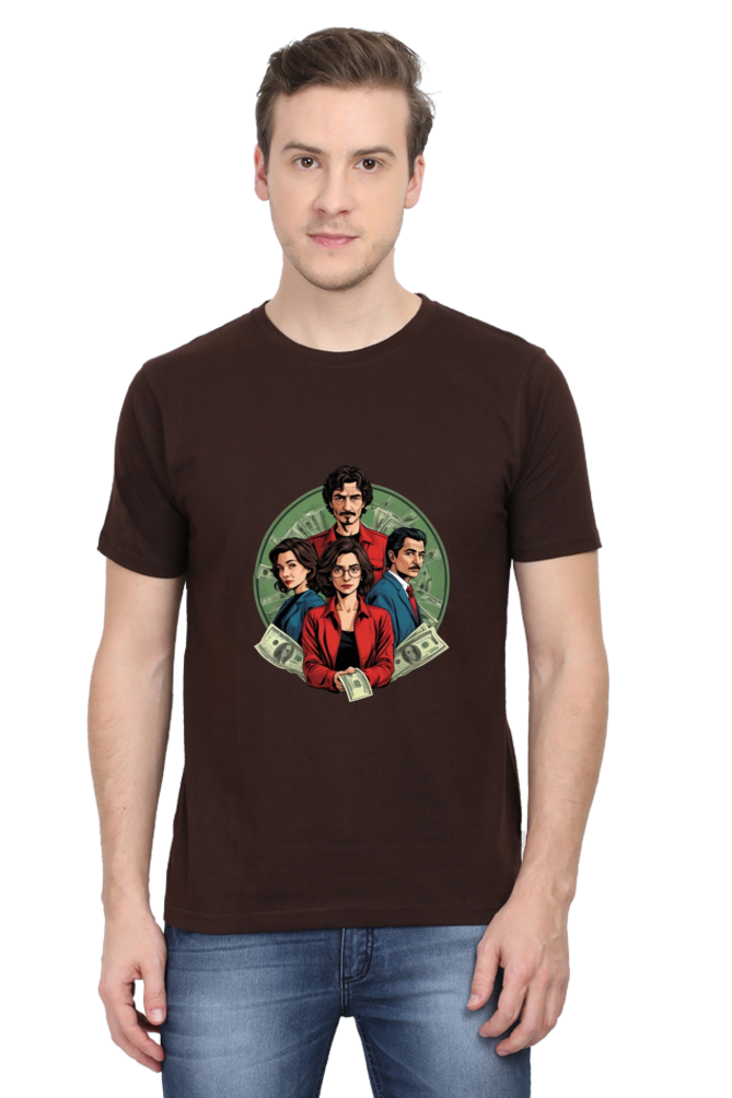 Men's Round Neck Half Sleeve T-Shirt with Money Heist Characters Design