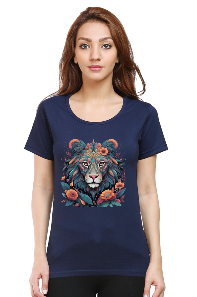 Female Round Neck Half Sleeve Classic T-Shirt with Lioness Tribal Art