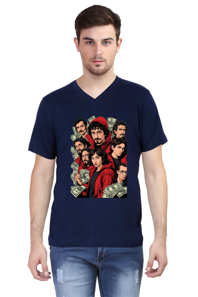 Men's V-Neck Half Sleeve T-Shirt with Money Heist Characters Design