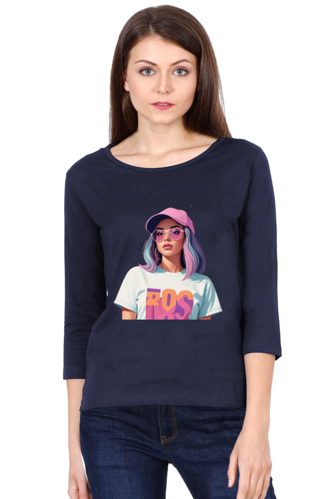 Female Round Neck Full Sleeve T-Shirt with Cool Lady Design