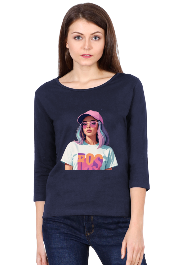 Female Round Neck Full Sleeve T-Shirt with Cool Lady Design