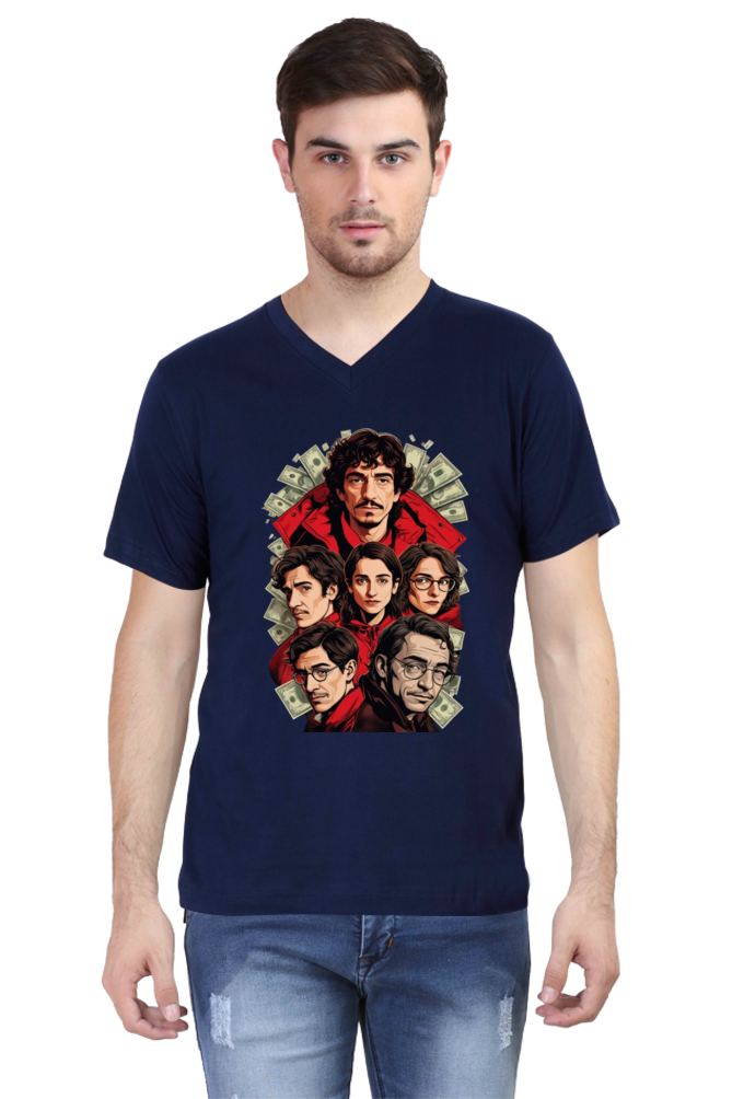 Men's V-Neck Half Sleeve T-Shirt with Money Heist Characters Design