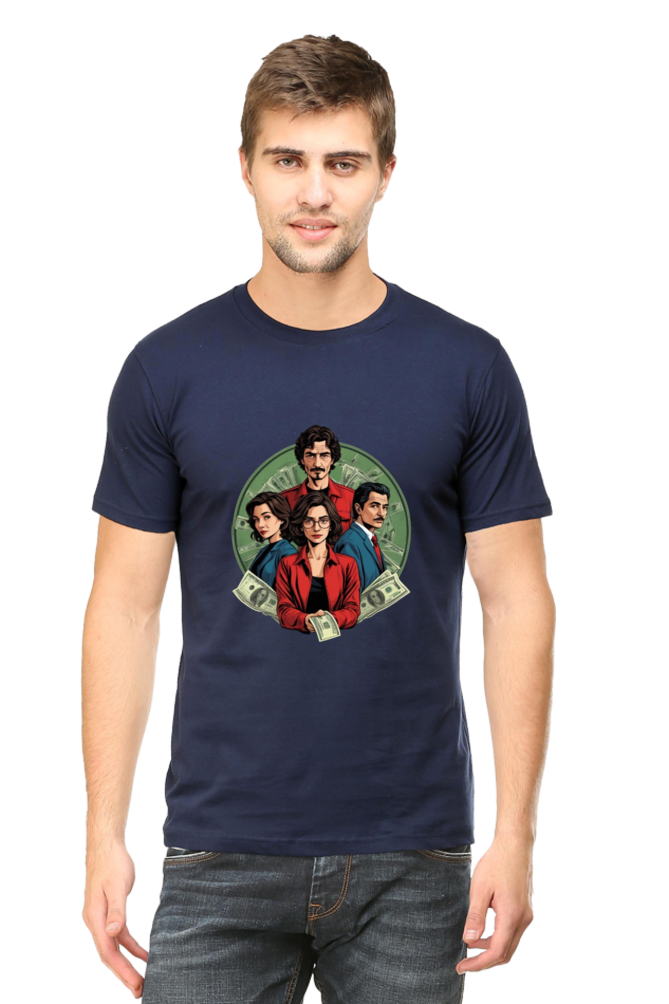 Men's Round Neck Half Sleeve T-Shirt with Money Heist Characters Design