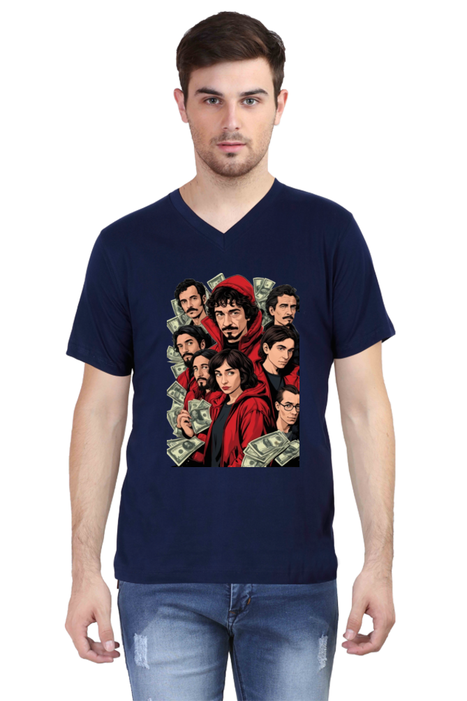 Men's V-Neck Half Sleeve T-Shirt with Money Heist Characters Design