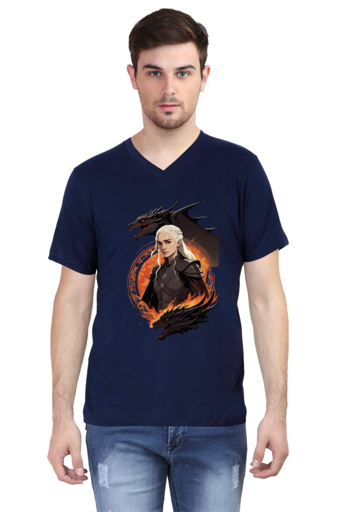 Men's V-Neck Half Sleeve T-Shirt with Game of Thrones Characters Design