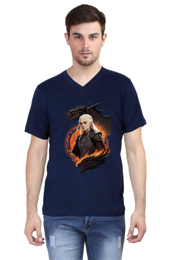 Men's V-Neck Half Sleeve T-Shirt with Game of Thrones Characters Design