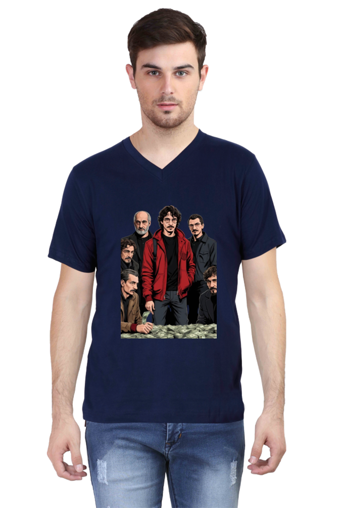 Men's V-Neck Half Sleeve T-Shirt with Money Heist Characters Design