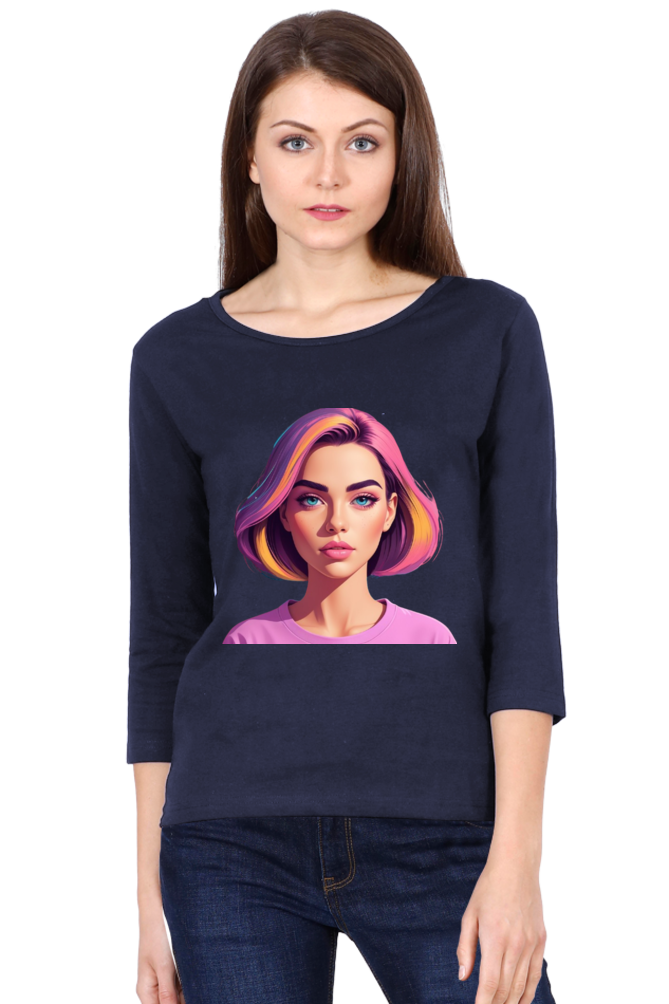 Female Round Neck Full Sleeve T-Shirt with Bold Lady Design