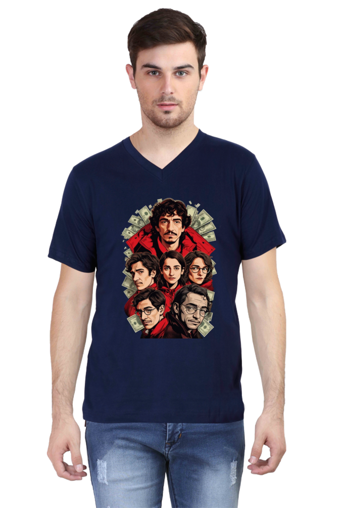 Men's V-Neck Half Sleeve T-Shirt with Money Heist Characters Design