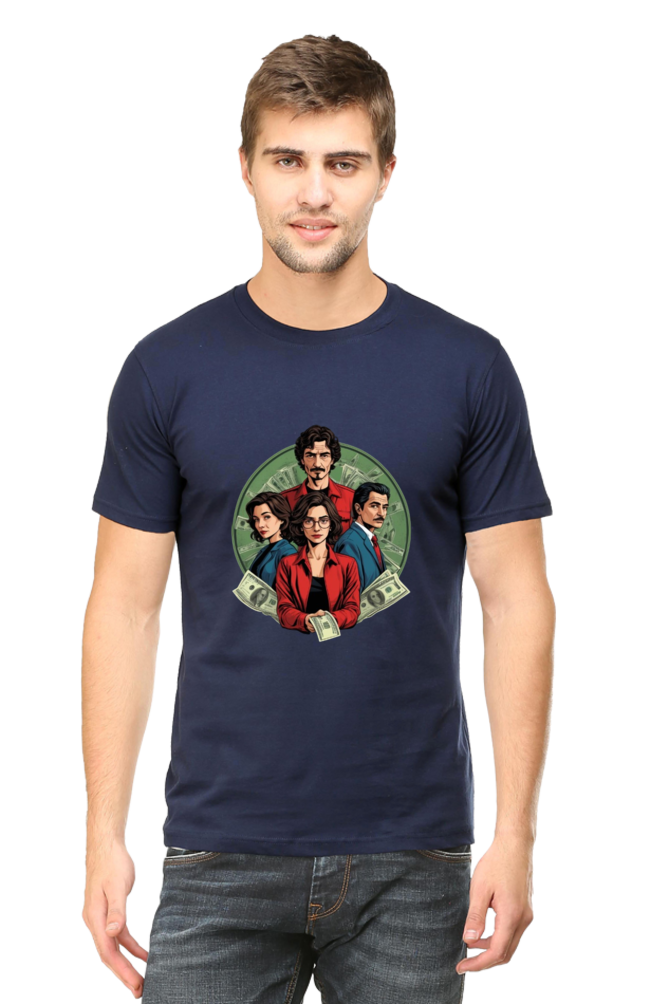 Men's Round Neck Half Sleeve T-Shirt with Money Heist Characters Design