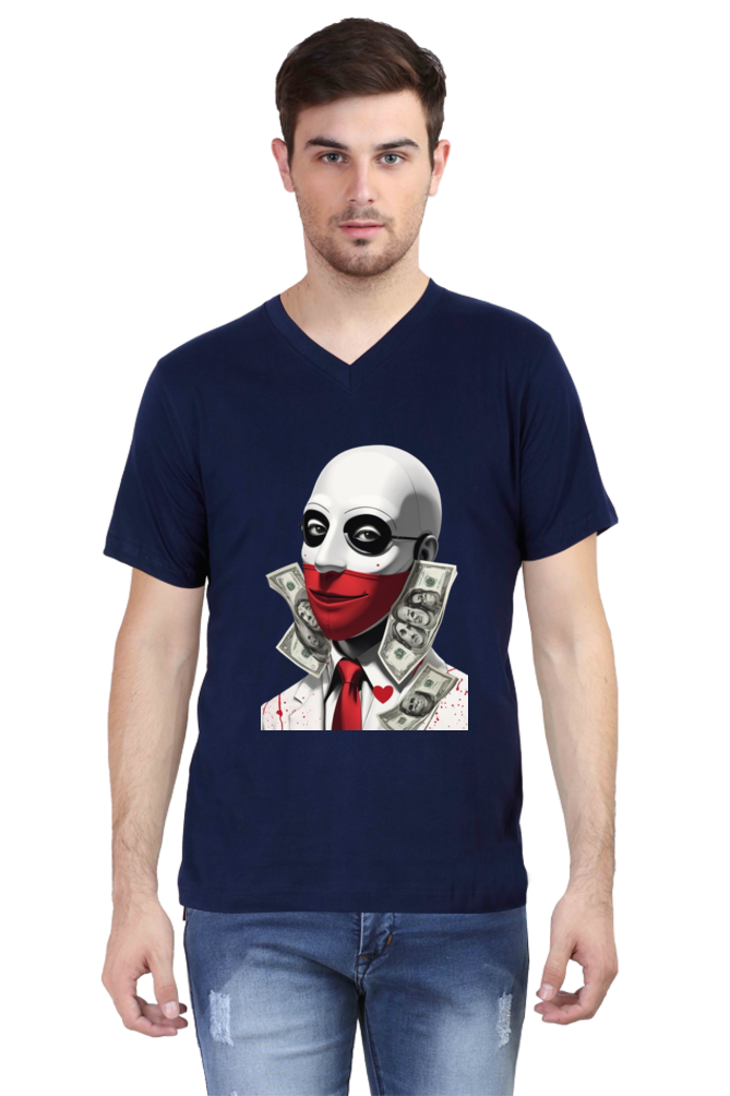 Men's V-Neck Half Sleeve T-Shirt with Money Heist Characters Design