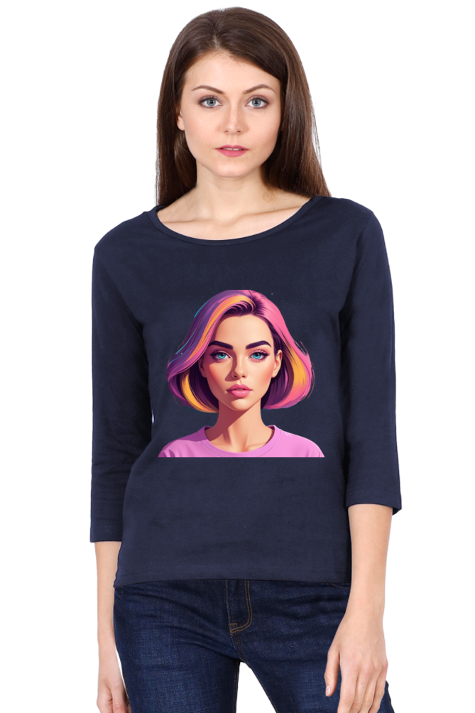 Female Round Neck Full Sleeve T-Shirt with Bold Lady Design