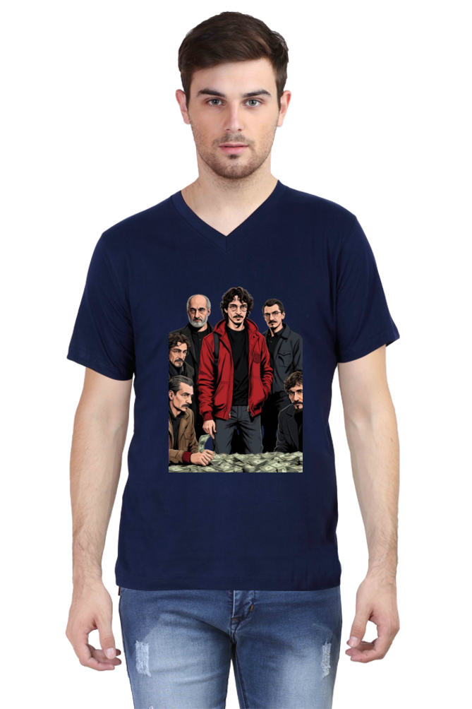 Men's V-Neck Half Sleeve T-Shirt with Money Heist Characters Design