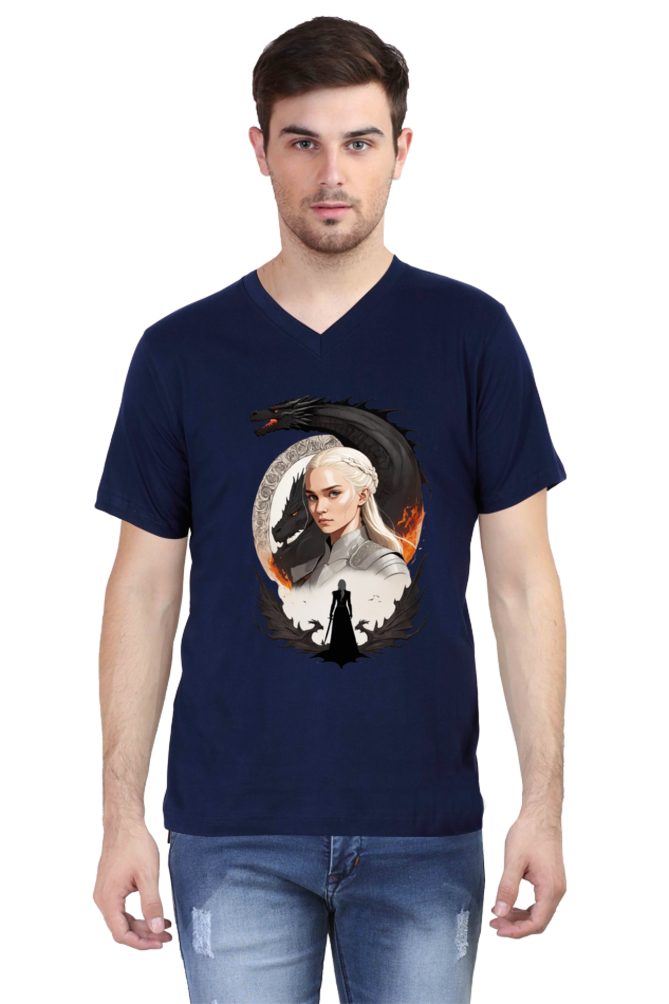 Men's V-Neck Half Sleeve T-Shirt with Game of Thrones Characters Design