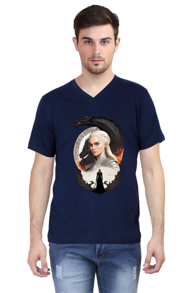 Men's V-Neck Half Sleeve T-Shirt with Game of Thrones Characters Design