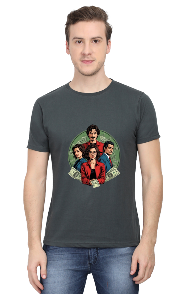 Men's Round Neck Half Sleeve T-Shirt with Money Heist Characters Design