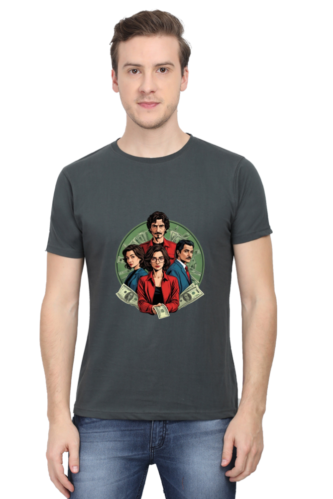 Men's Round Neck Half Sleeve T-Shirt with Money Heist Characters Design